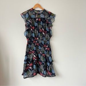 Flirty & colourful knee-length dress, smocked at waist, size Small. Floral print